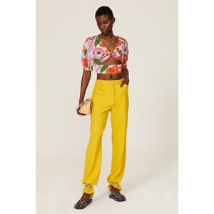 Banjanan Ariana Bloom Floral Print Puff Sleeve Cut Out Twist V-Neck Crop Top XS